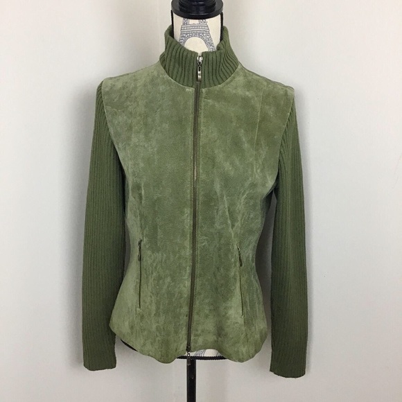 I.M.A Women’s Green Leather Full Zippered Turtleneck Jacket Sweater - Picture 1 of 4